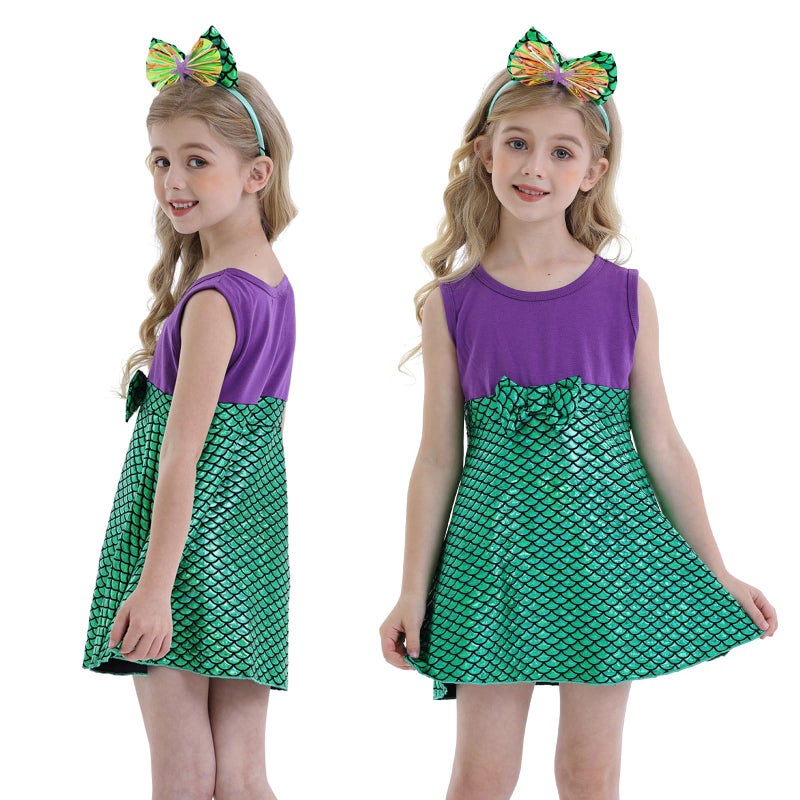 HenzWorld Little Girls Mermaid Costume Princess Dress up Halloween Costumes for Girls Birthday Party Gift Cosplay Halloween Outfit Green Fish Scale Sleeveless Purple 5t Kids Age 5-6 Years - Image 2